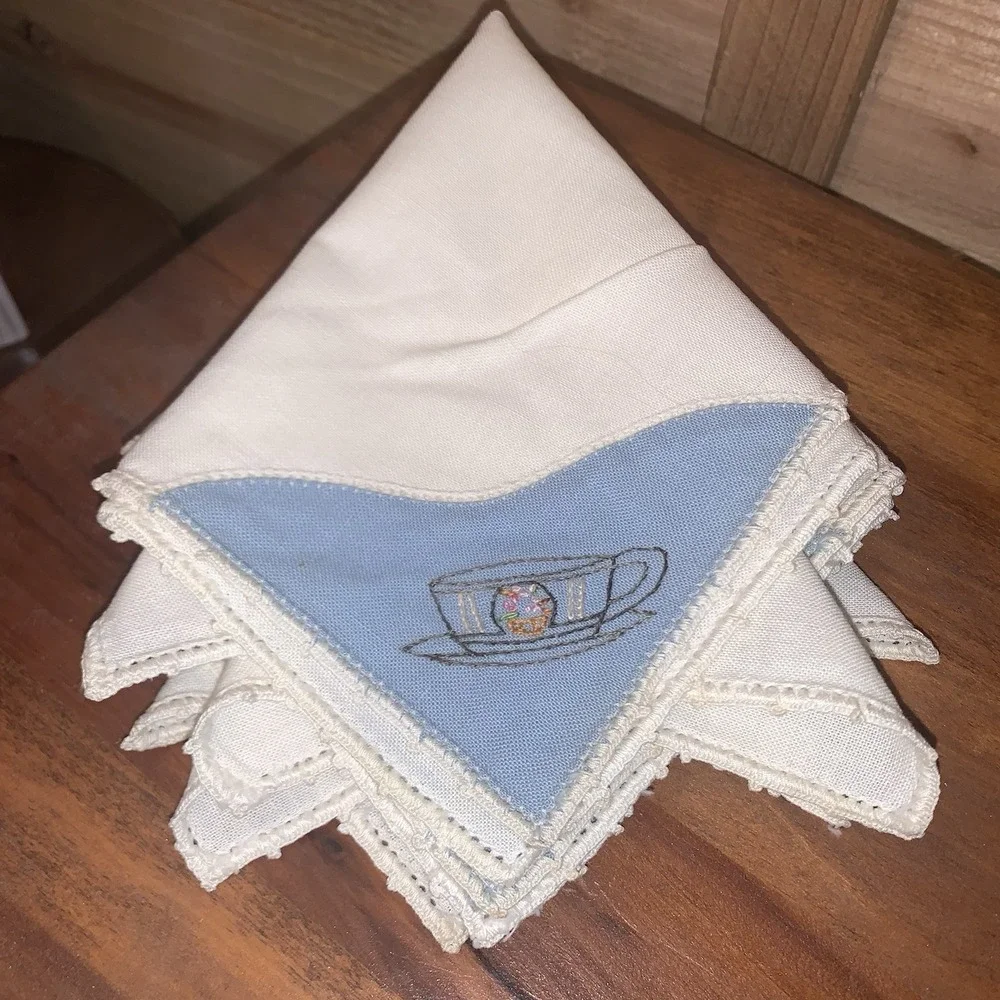 Vintage Hand Stitch Embroidered Cloth Napkins Coffee Tea Cups  11